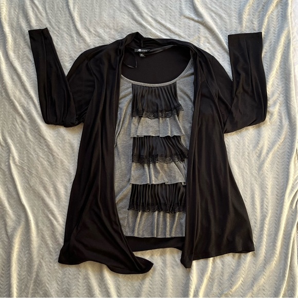 AB Studio Black Long Sleeve Blouse Wrap Size Extra Large Lace Detail Cardigan - Picture 1 of 4
